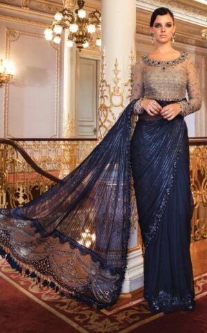 Maria B D4 Ink Blue & Coffee Saree
